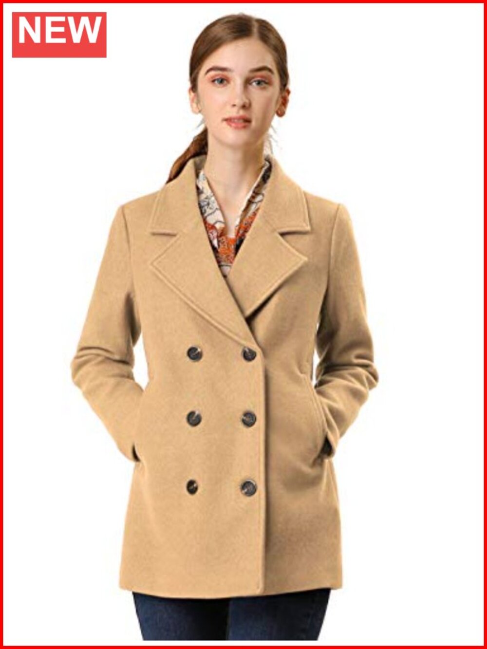 Wool Blend Pea Coat Double Breasted Notch Lapel Mid Length Winter Coat